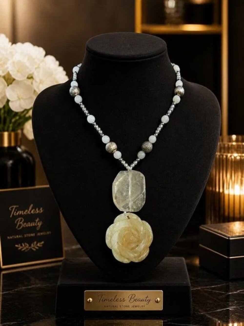 ARTISAN CRAFTED CARVED STONE ROSE & SHEER AGATE DOUBLE PENDANT BEADED NECKLACE
